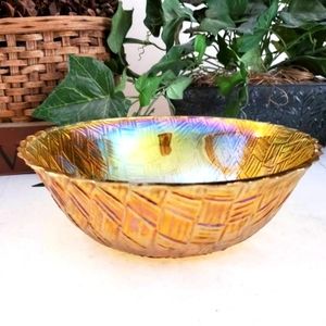 Vintage Indiana Glass Marigold Carnival Depression Basket Weave Bowl